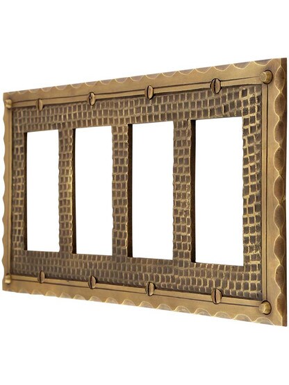 Bungalow Style Quad GFI Outlet Cover Plate In Antique Brass.